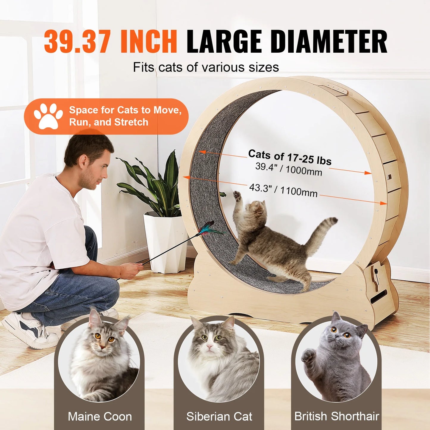 SucceBuy Wooden Cat Exercise Wheel For Indoor Cats Detachable Carpet