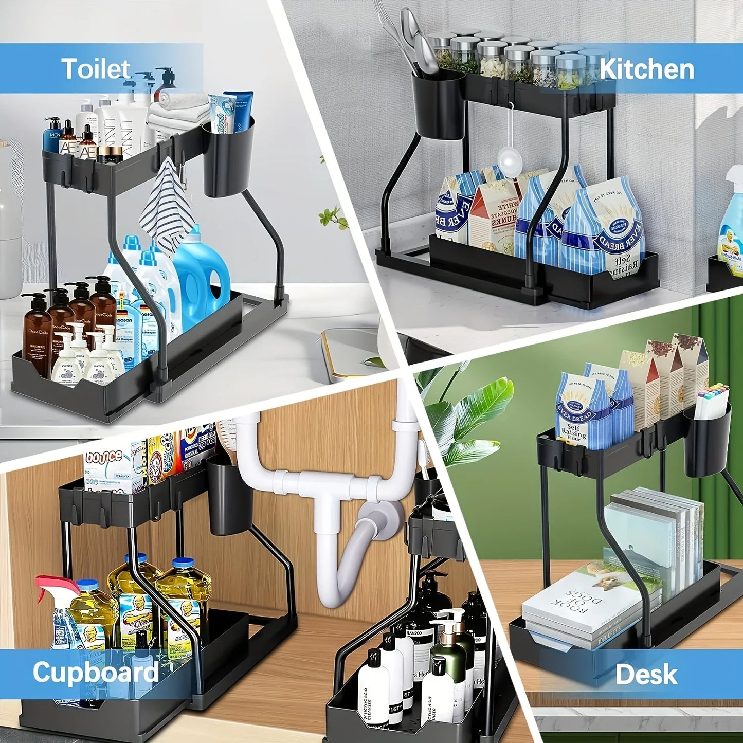 Space Saving 2 Tier Under Sink Organizer Pull Out Drawer