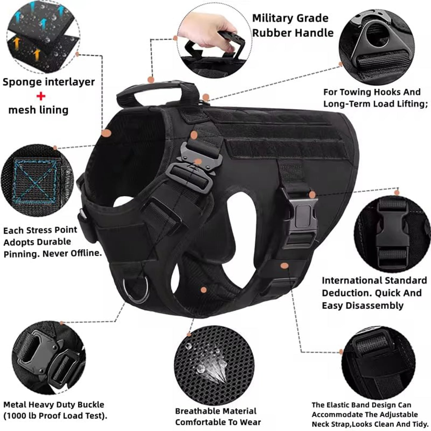 Nylon Tactical Dog Harness With MOLLE Pouches For Training
