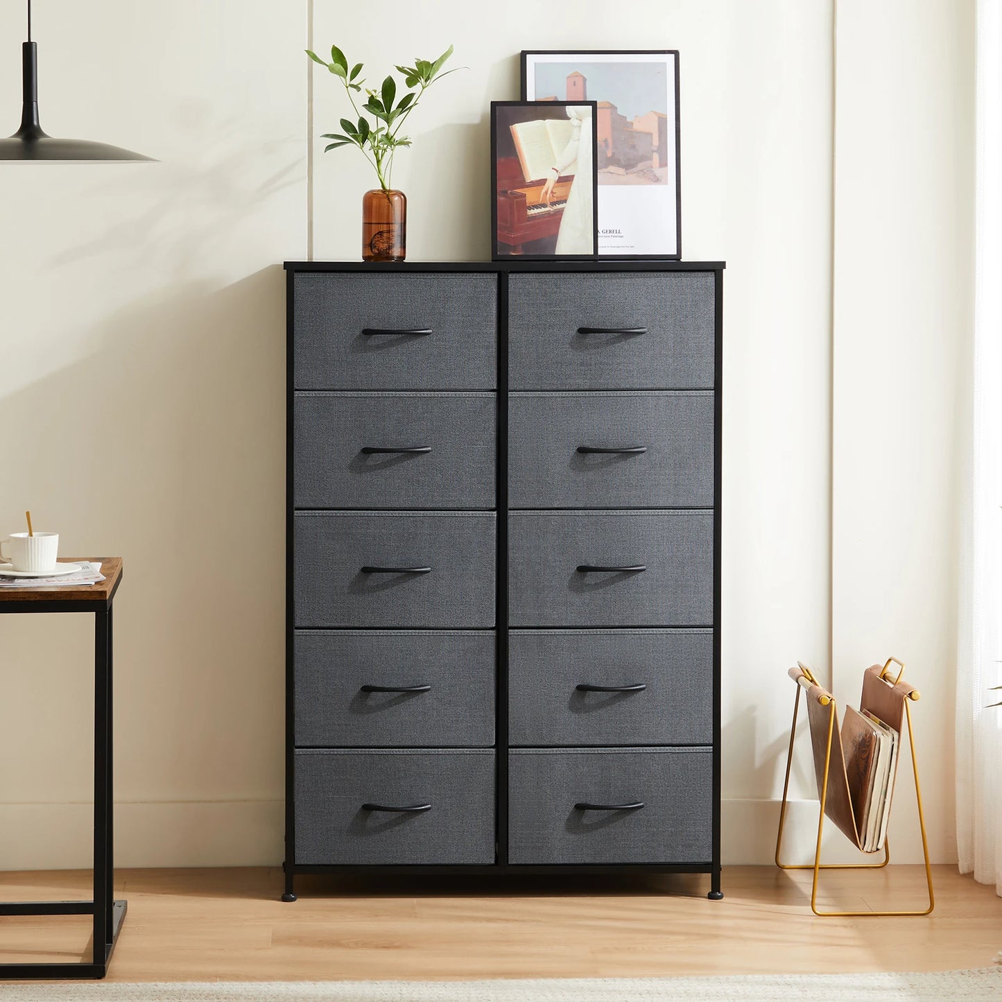 JHK Modern Nightstand With 10 Fabric Drawers And Steel Frame