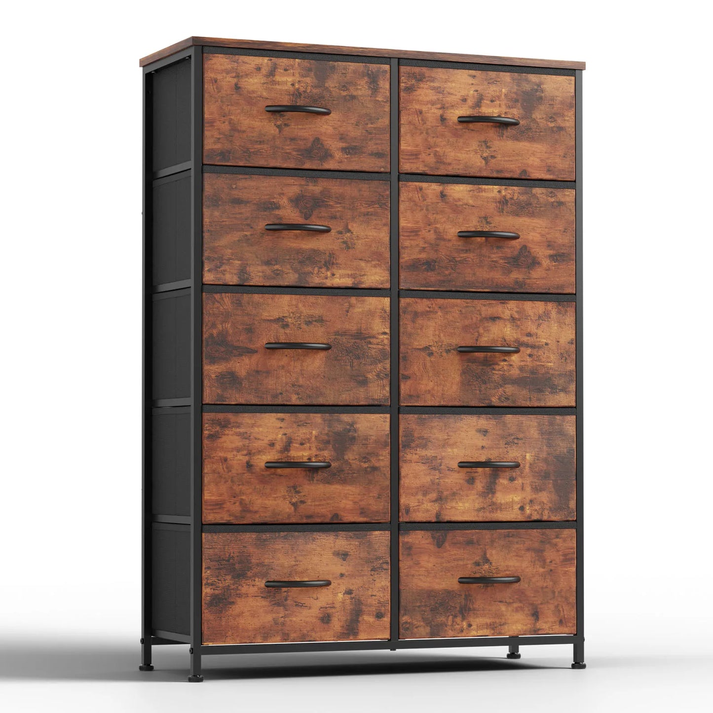 JHK Modern Nightstand With 10 Fabric Drawers And Steel Frame