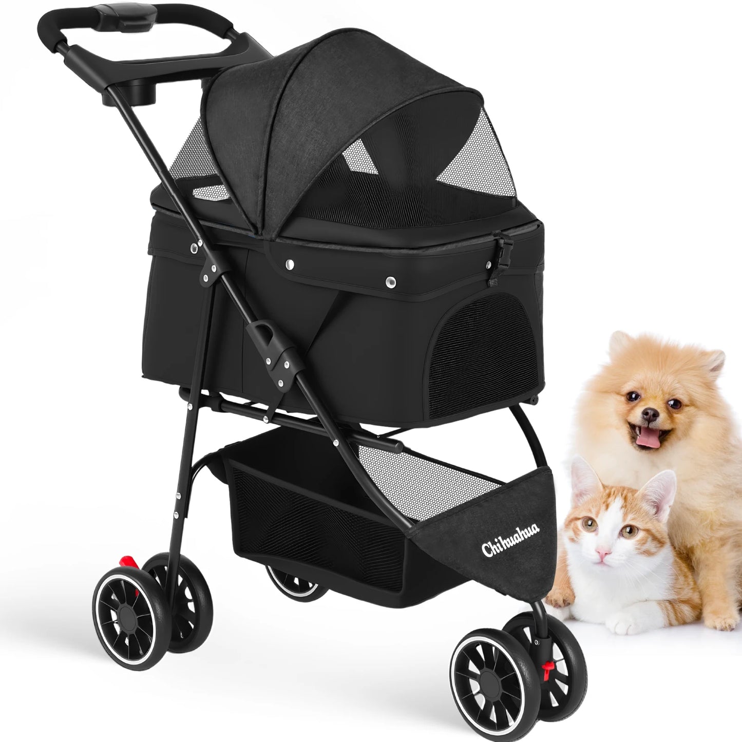 Chihuahua Pet Stroller 3 Wheel Foldable With Breathable Mesh Canopy Cats Dogs
