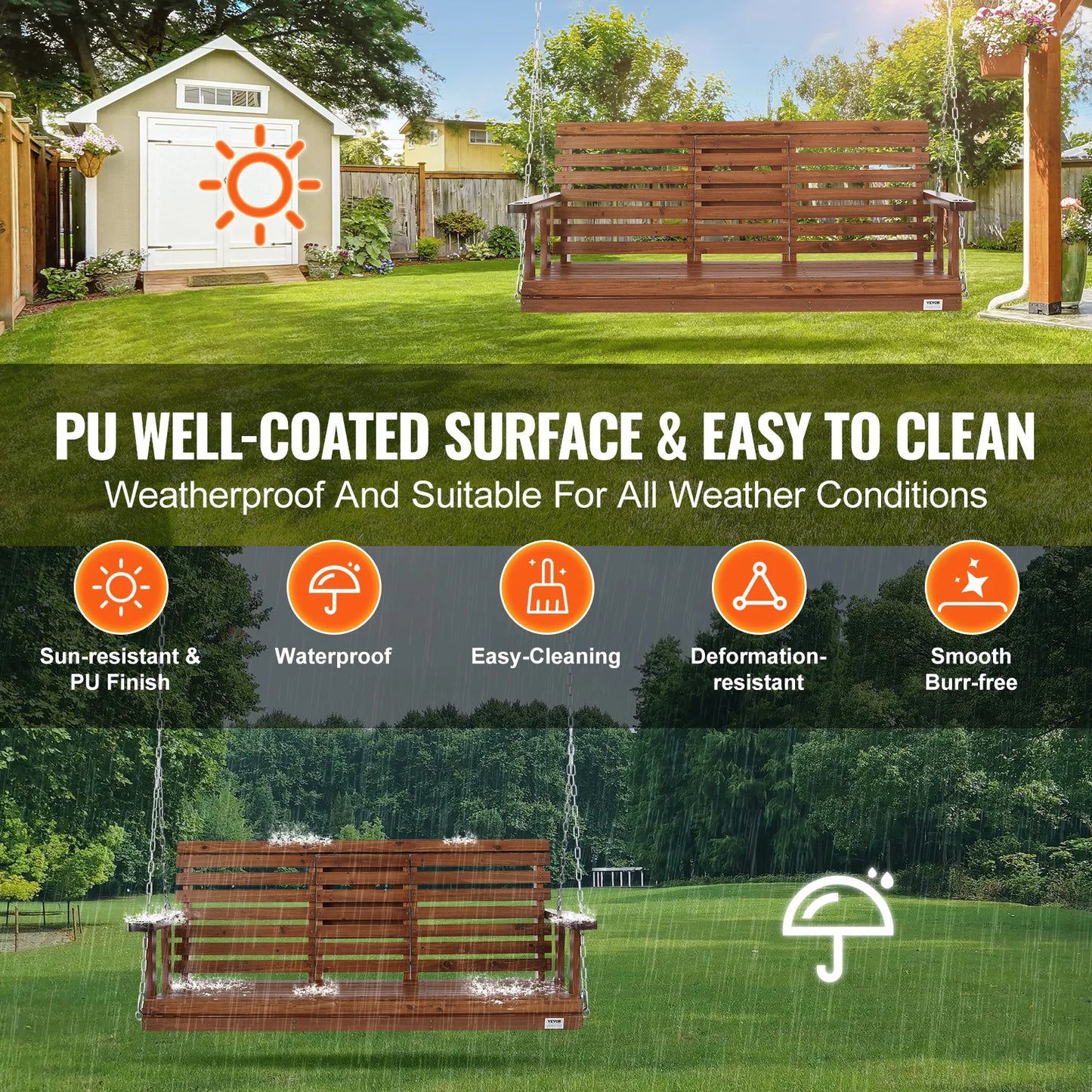 SucceBuy Wooden Porch Swing For Outdoor Patio Garden