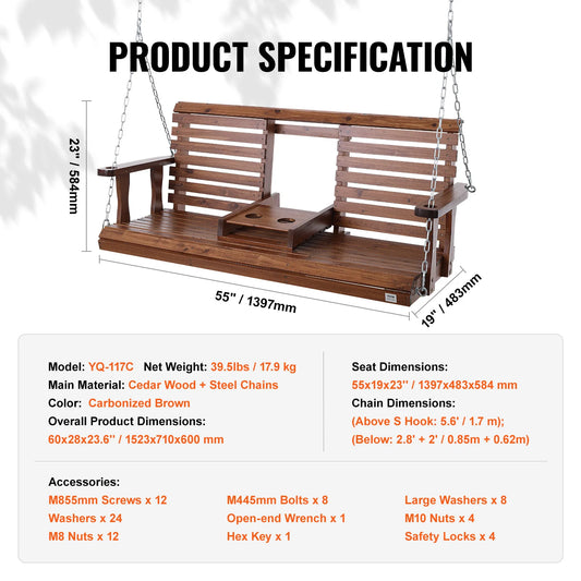 SucceBuy Wooden Porch Swing For Outdoor Patio Garden