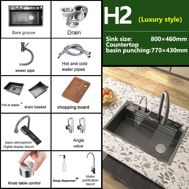 Telisiya Waterfall Kitchen Sink Stainless Steel With Digital Display