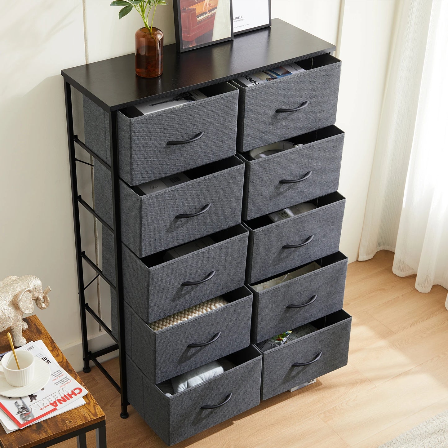 JHK Modern Nightstand With 10 Fabric Drawers And Steel Frame
