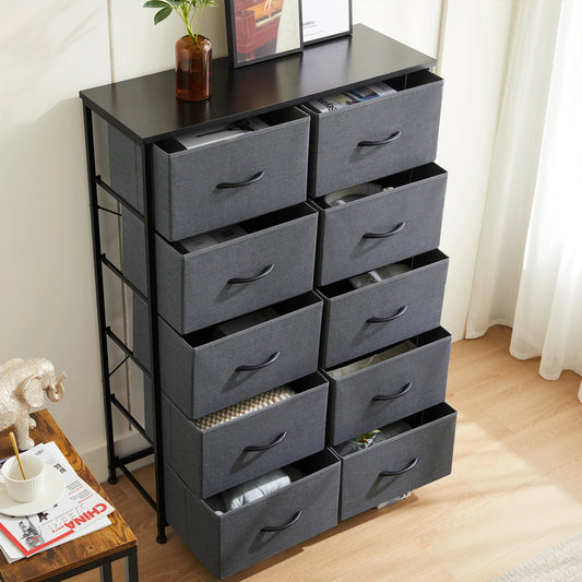 JHK Modern Nightstand With 10 Fabric Drawers And Steel Frame