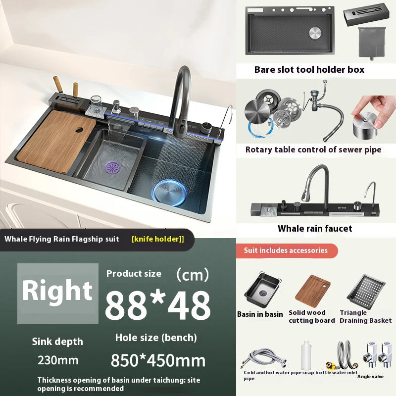 Telisiya Waterfall Kitchen Sink Stainless Steel With Digital Display