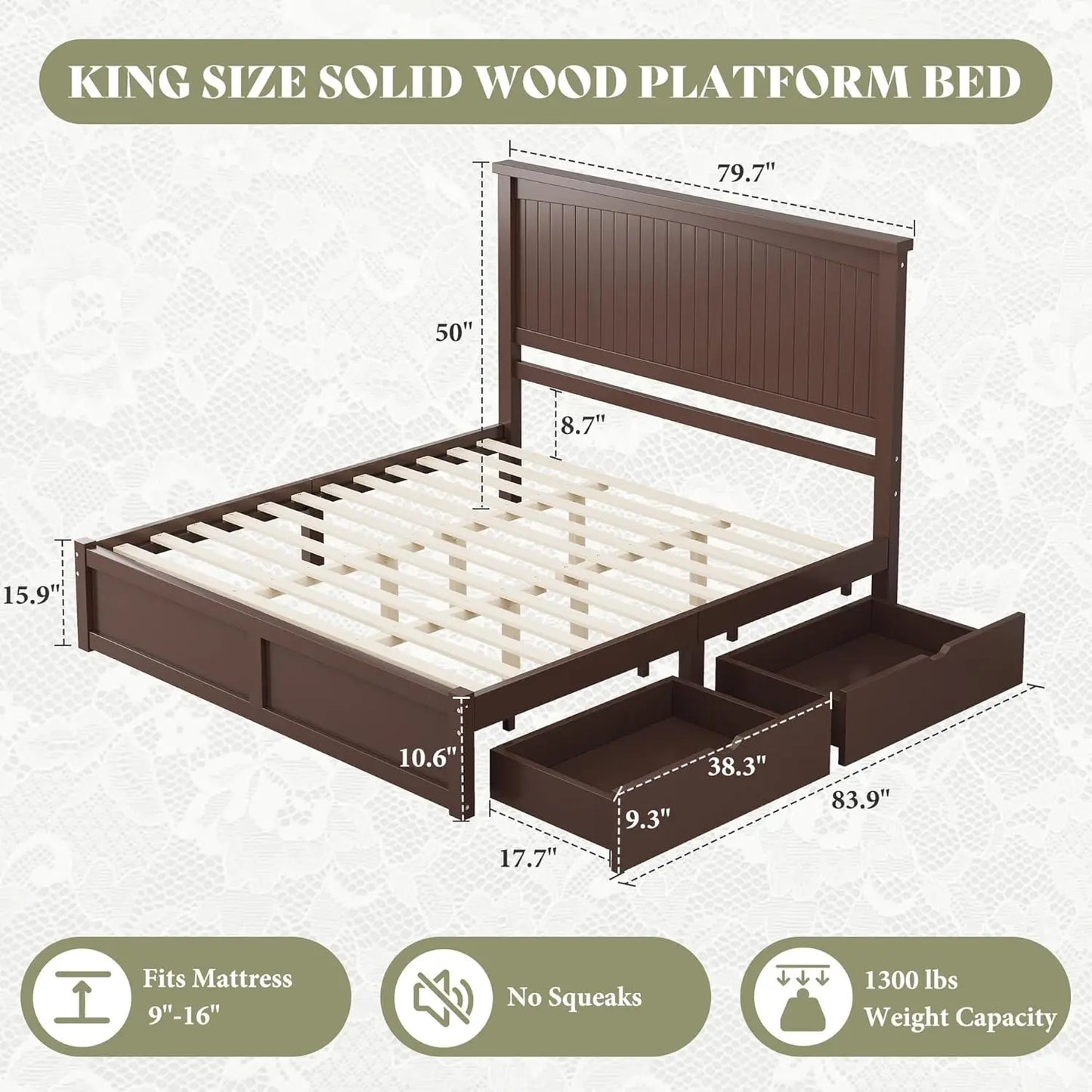 Solid Wood Platform Bed Frame With Headboard And Two Drawers