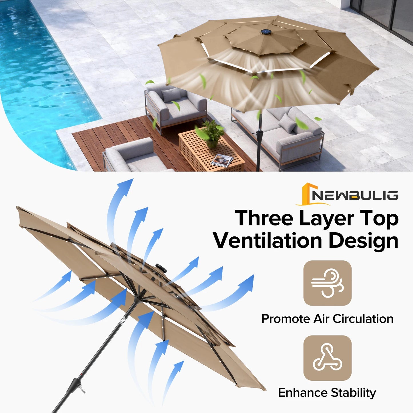 JHK Crank 3 Tier Outdoor Patio Umbrella With LED Lights
