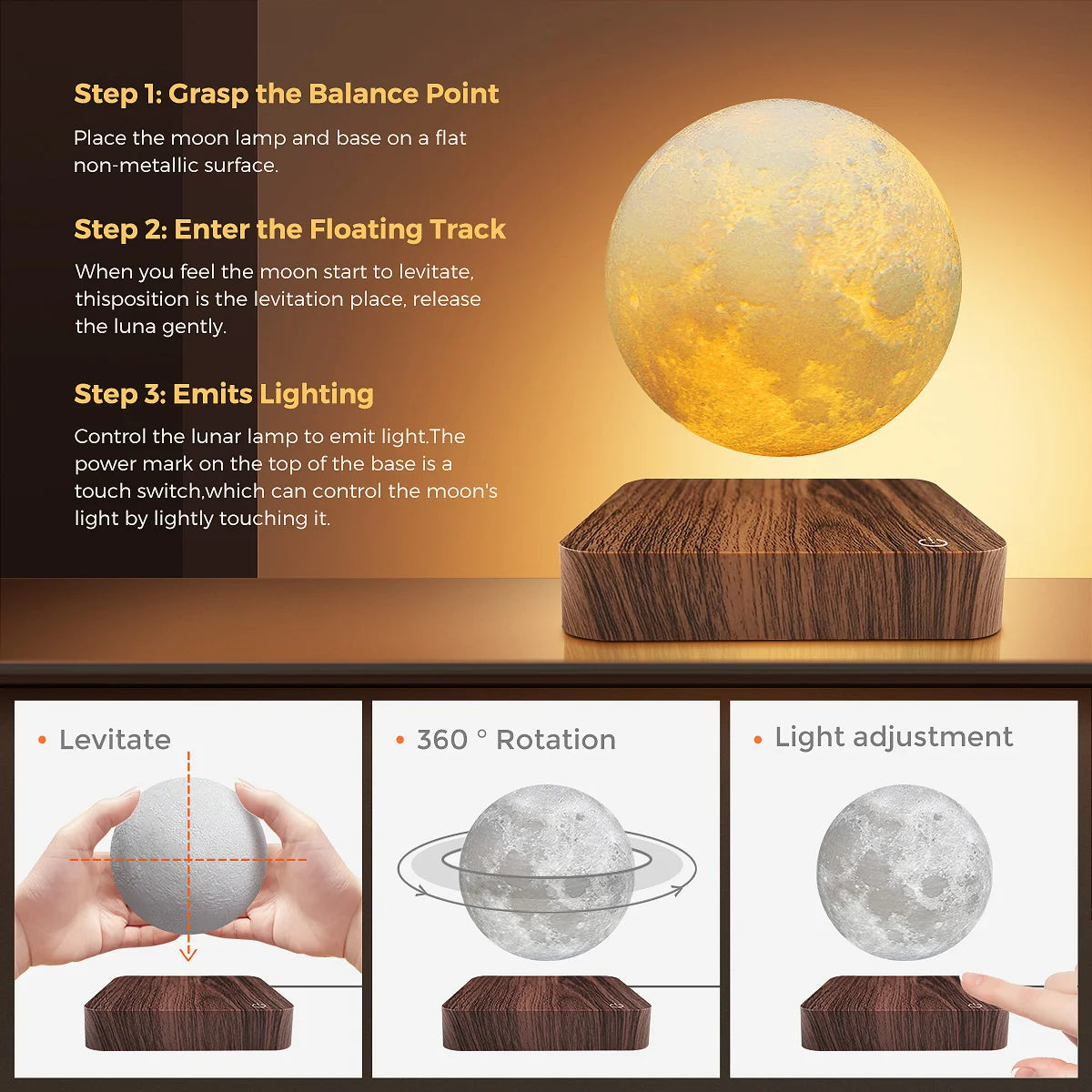 Mexllex Magnetic Moon Lamp With Floating Rotating Wooden Base