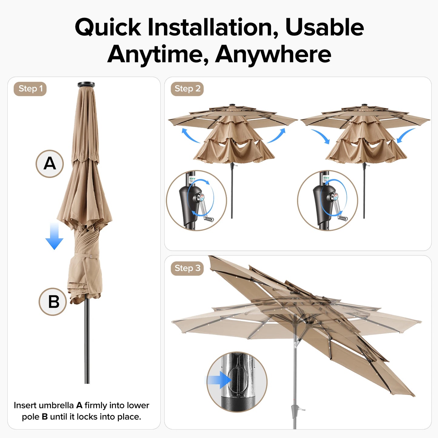 JHK Crank 3 Tier Outdoor Patio Umbrella With LED Lights