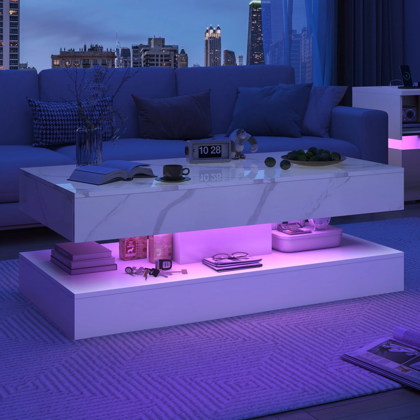 QiaoShiRen LED Coffee Table With Double Layer Storage Drawers