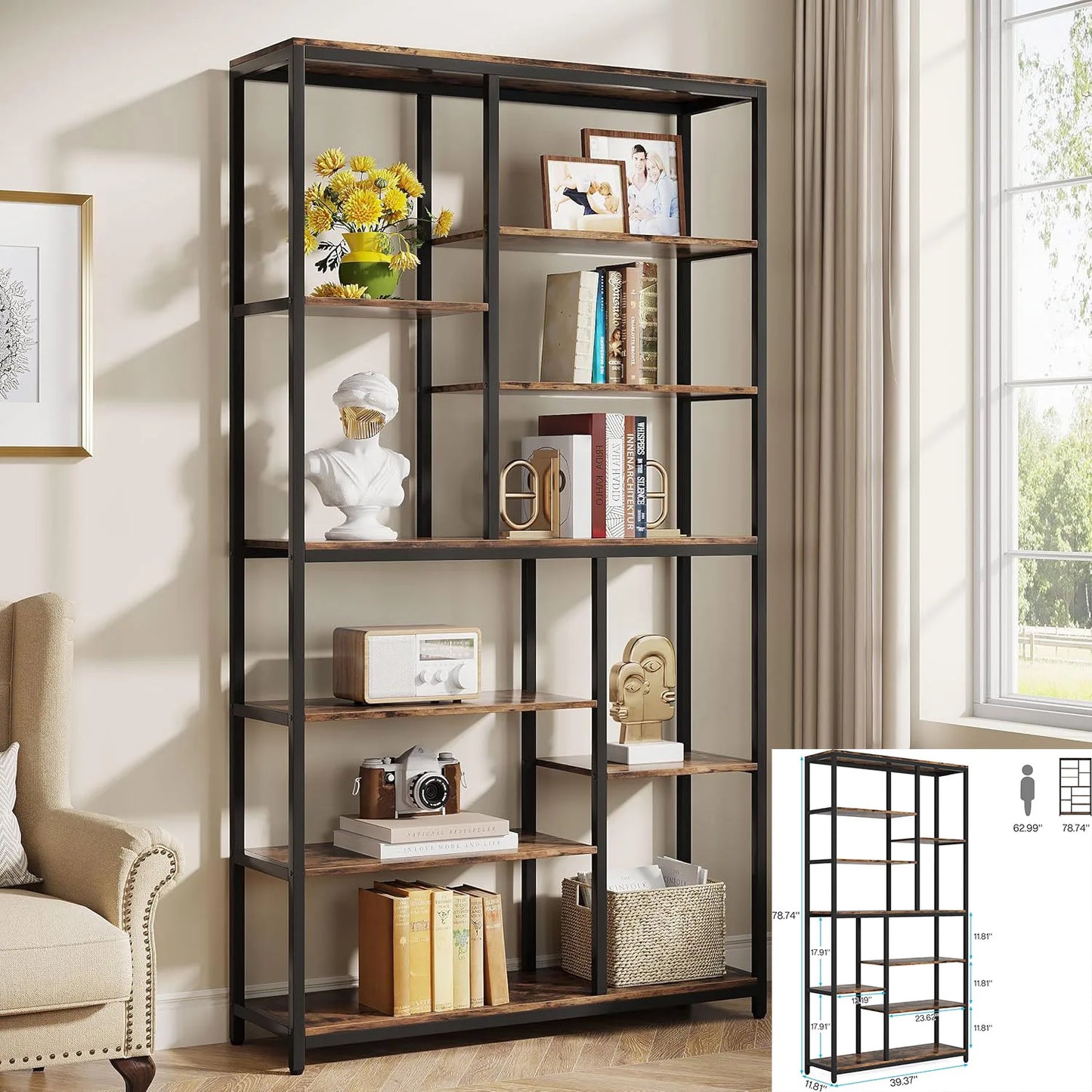 Little Tree Industrial 5-Tier Etagere Bookcase For Living Room