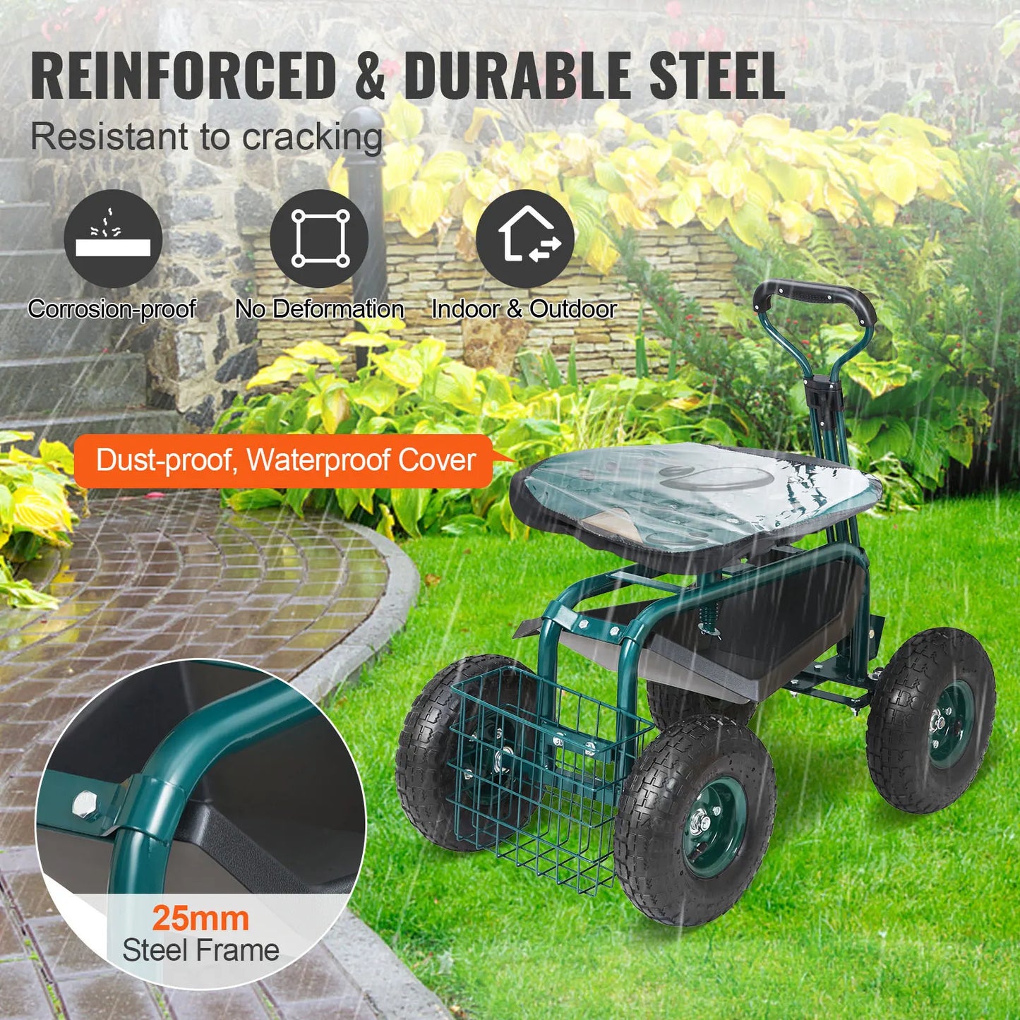 SucceBuy Rolling Garden Cart With Seat And 360 Degree Swivel