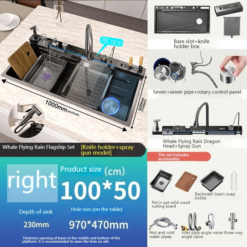 Telisiya Waterfall Kitchen Sink Stainless Steel With Digital Display