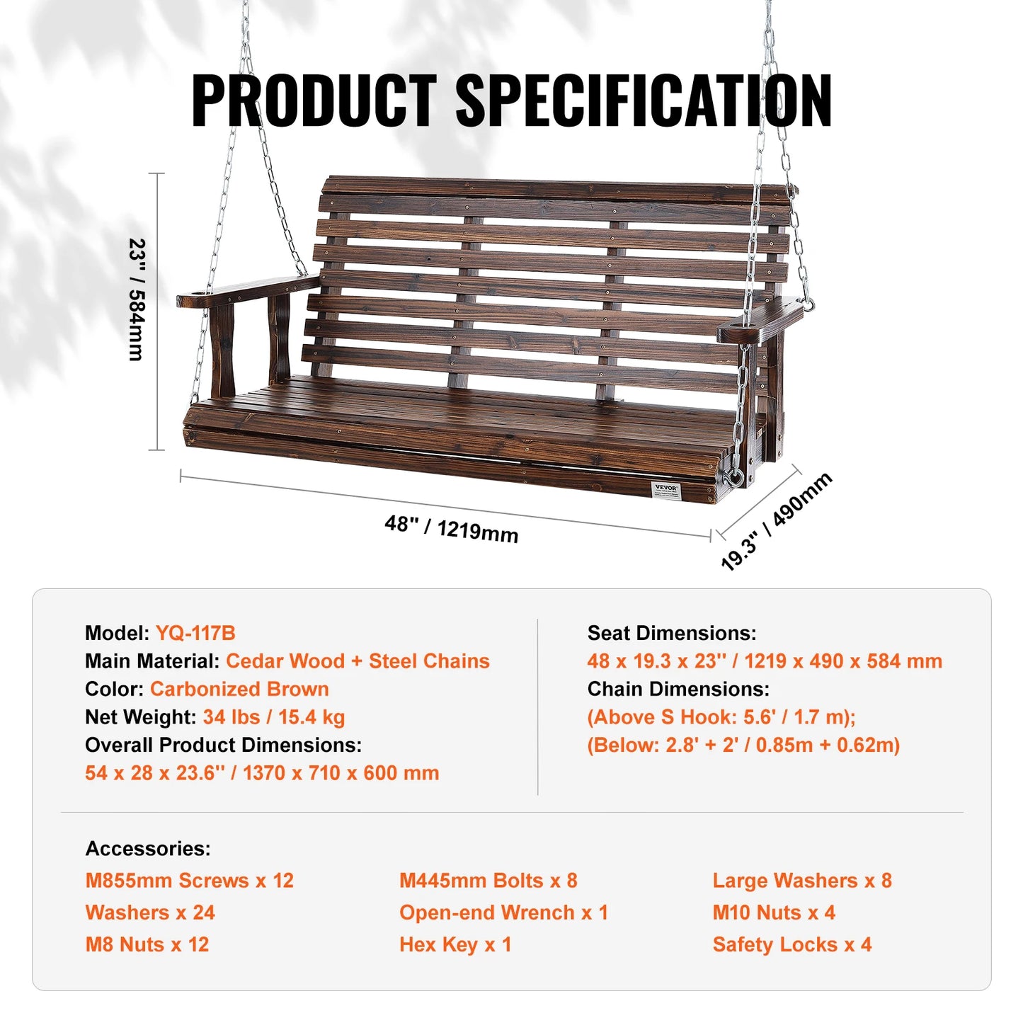SucceBuy Wooden Porch Swing For Outdoor Patio Garden