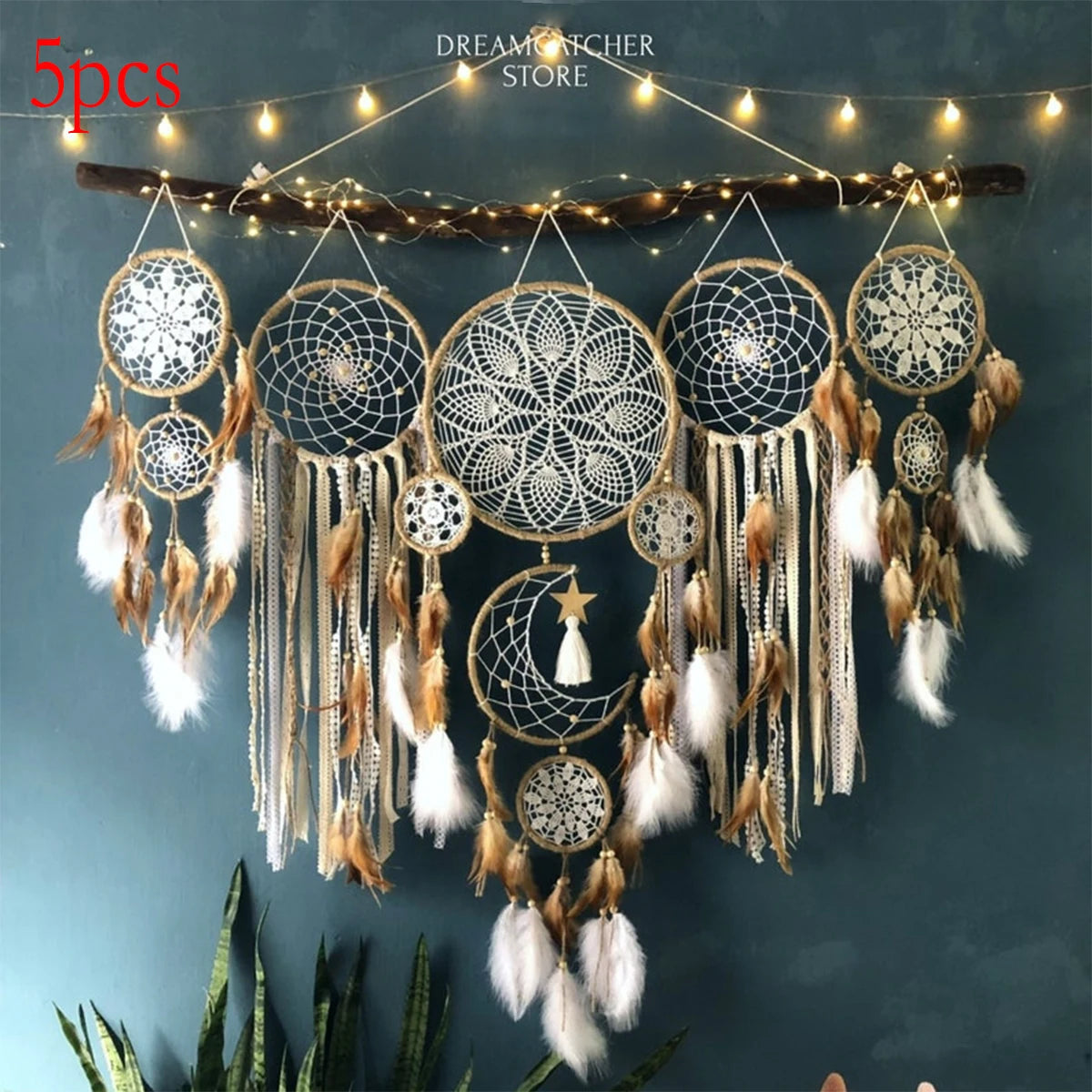Handcrafted Dream Catcher Moon Sun Boho Wall Decor Five Piece