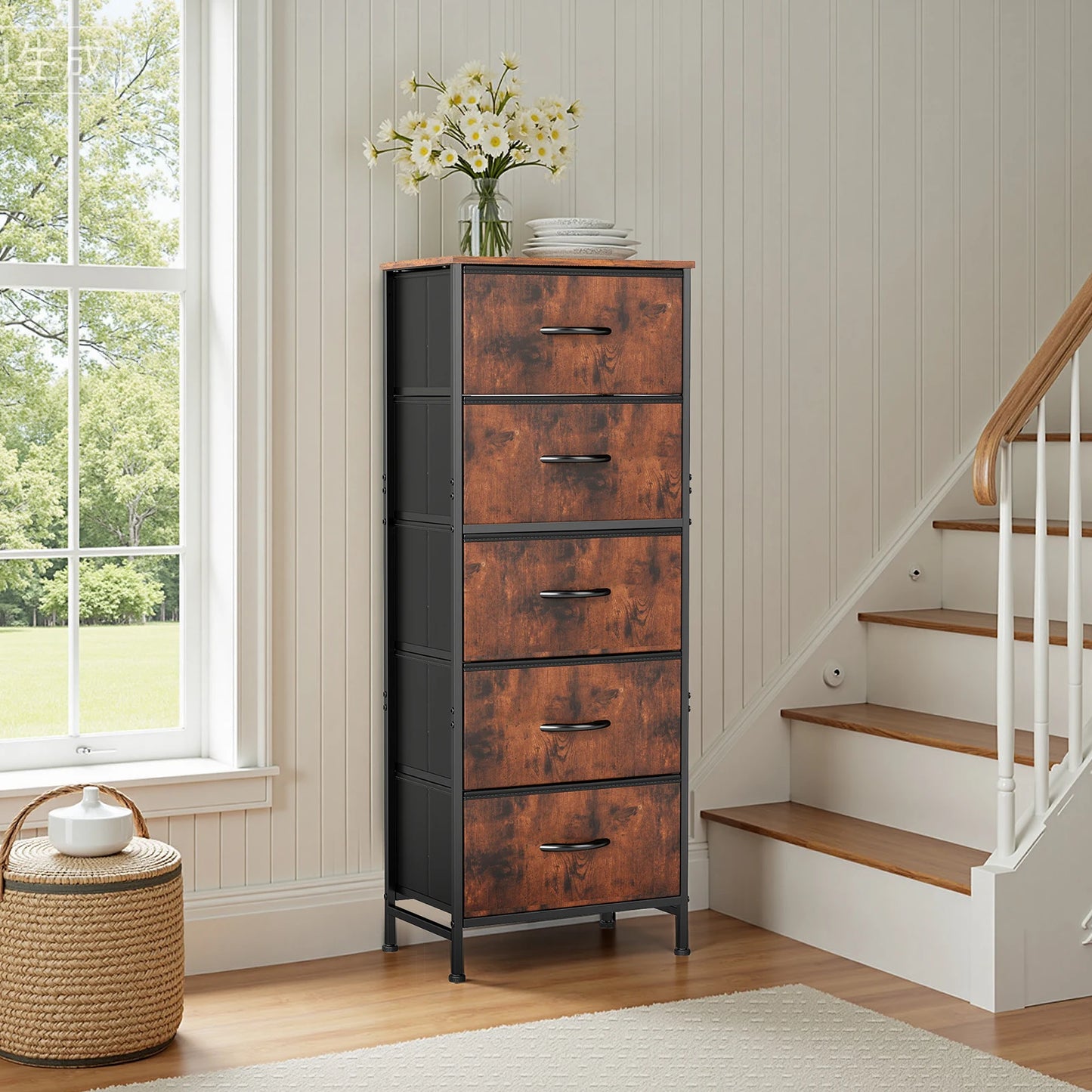 JHK Contemporary Dresser With Fabric Drawers And Steel Frame
