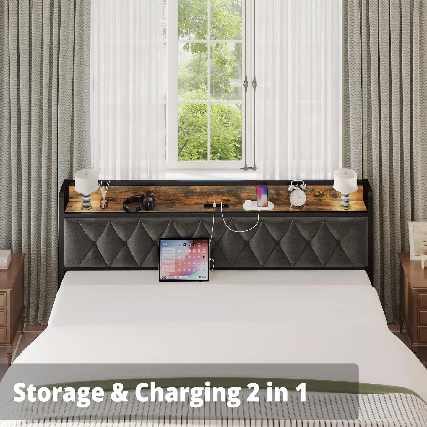 Storage Headboard Bed Frame With Outlets No Box Springs