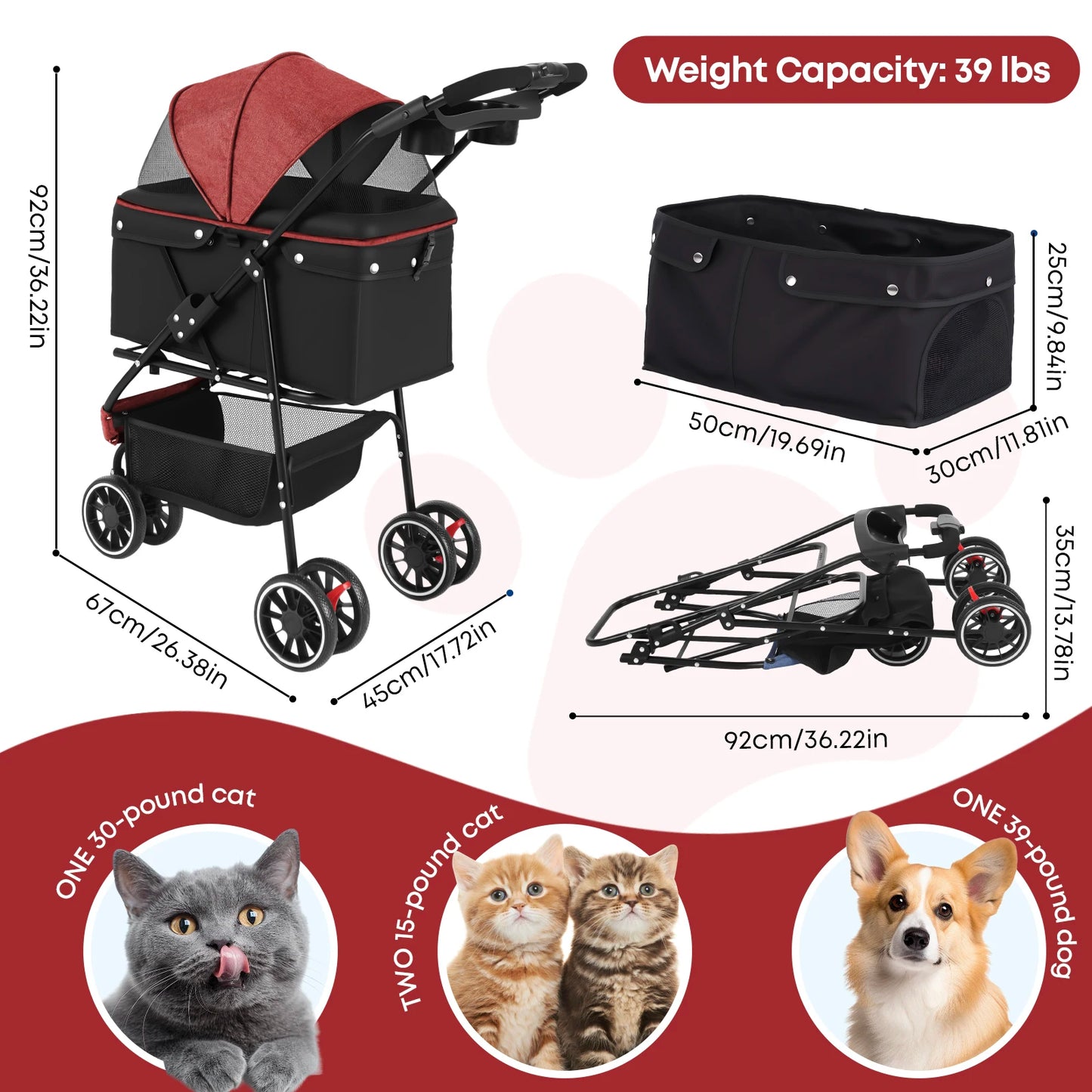 Chihuahua Pet Stroller 3 Wheel Foldable With Breathable Mesh Canopy Cats Dogs