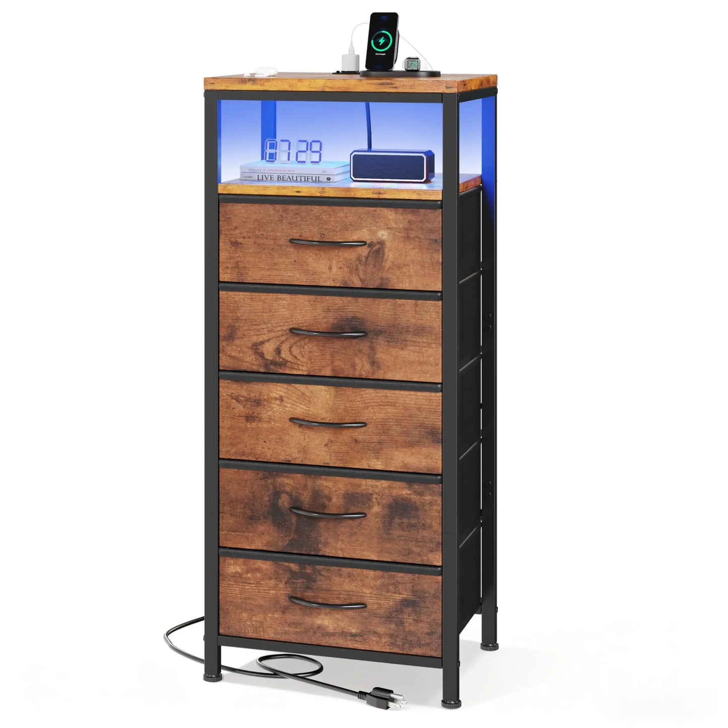 JHK Five-Drawer Dresser Nightstand With Charging Station Outlets And Light