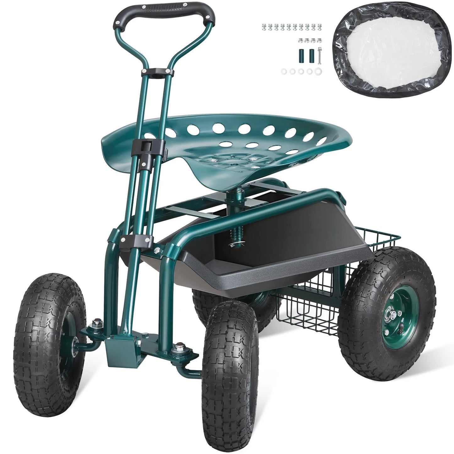 SucceBuy Rolling Garden Cart With Seat And 360 Degree Swivel