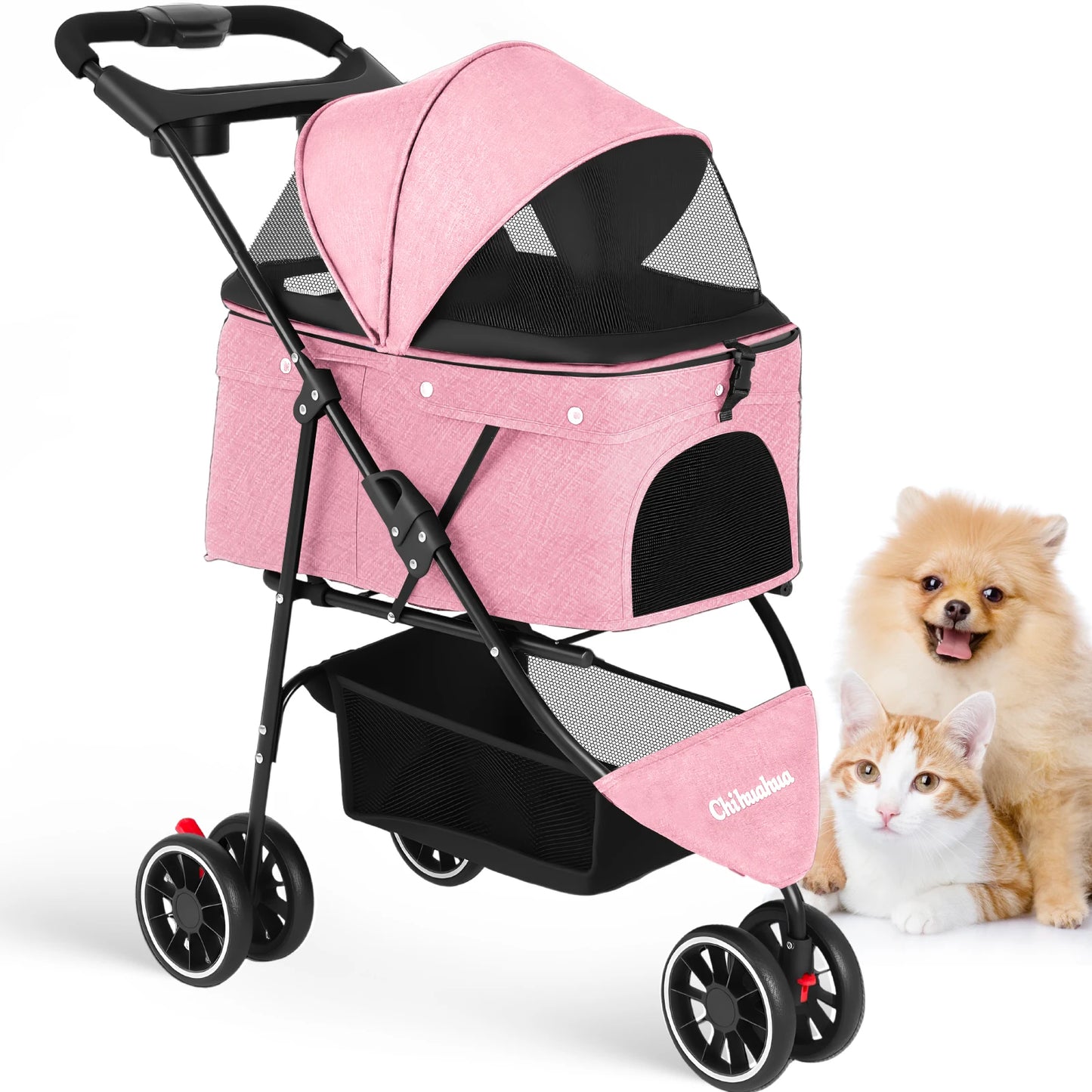 Chihuahua Pet Stroller 3 Wheel Foldable With Breathable Mesh Canopy Cats Dogs