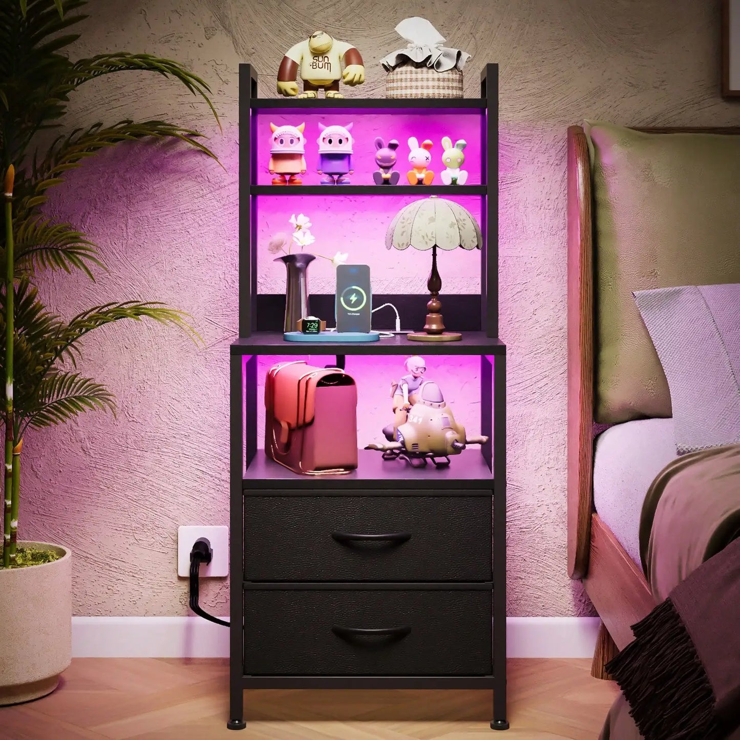 Tomnk Fabric Nightstand With Charging Station And Storage Drawers