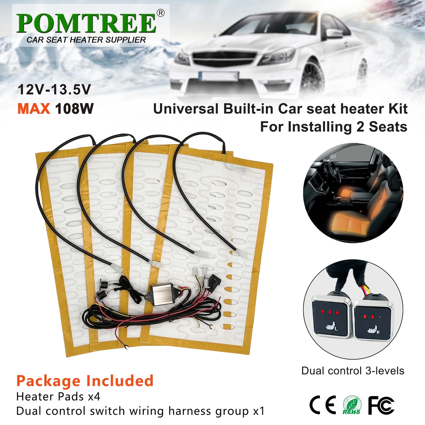Universal Built-In Car Seat Heater For 2 Seats 12V 3-Level