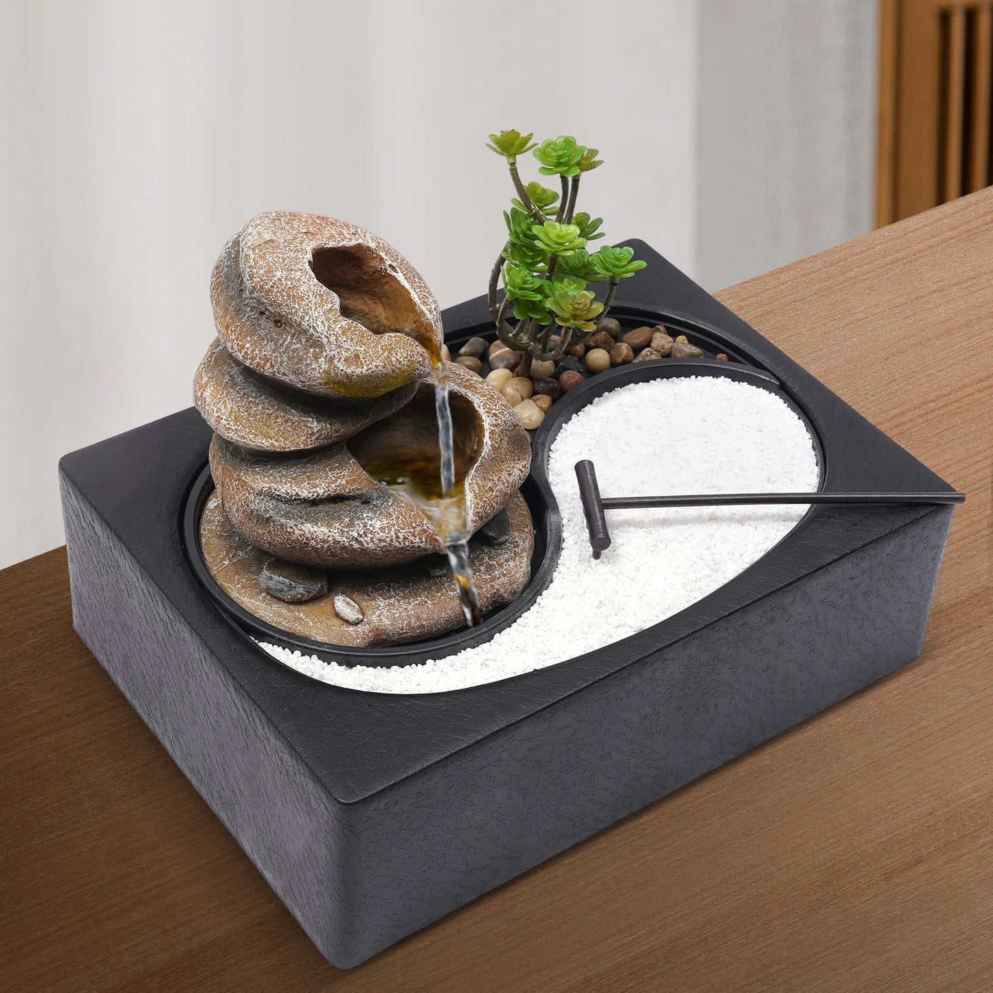 Bymaocar Tabletop Resin Rock Water Fountain With LED Light Indoor