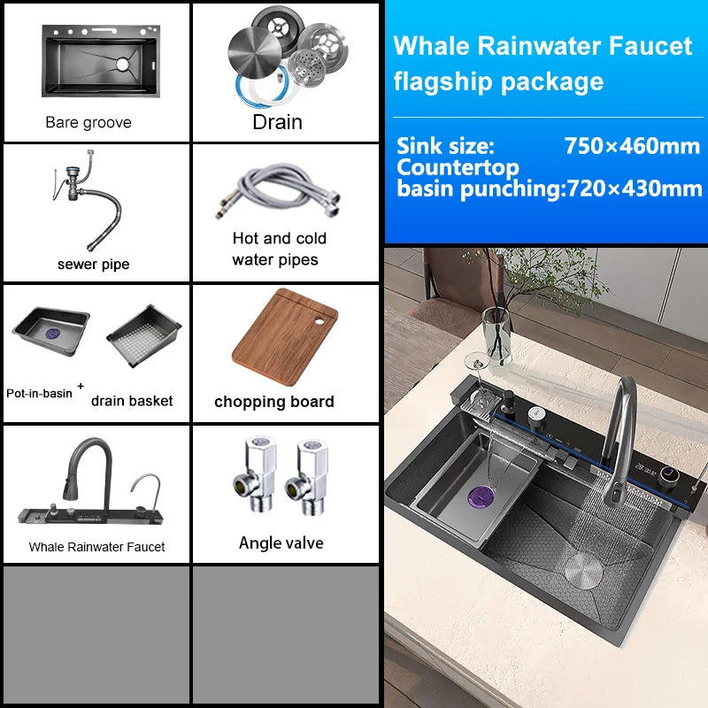 Telisiya Waterfall Kitchen Sink Stainless Steel With Digital Display