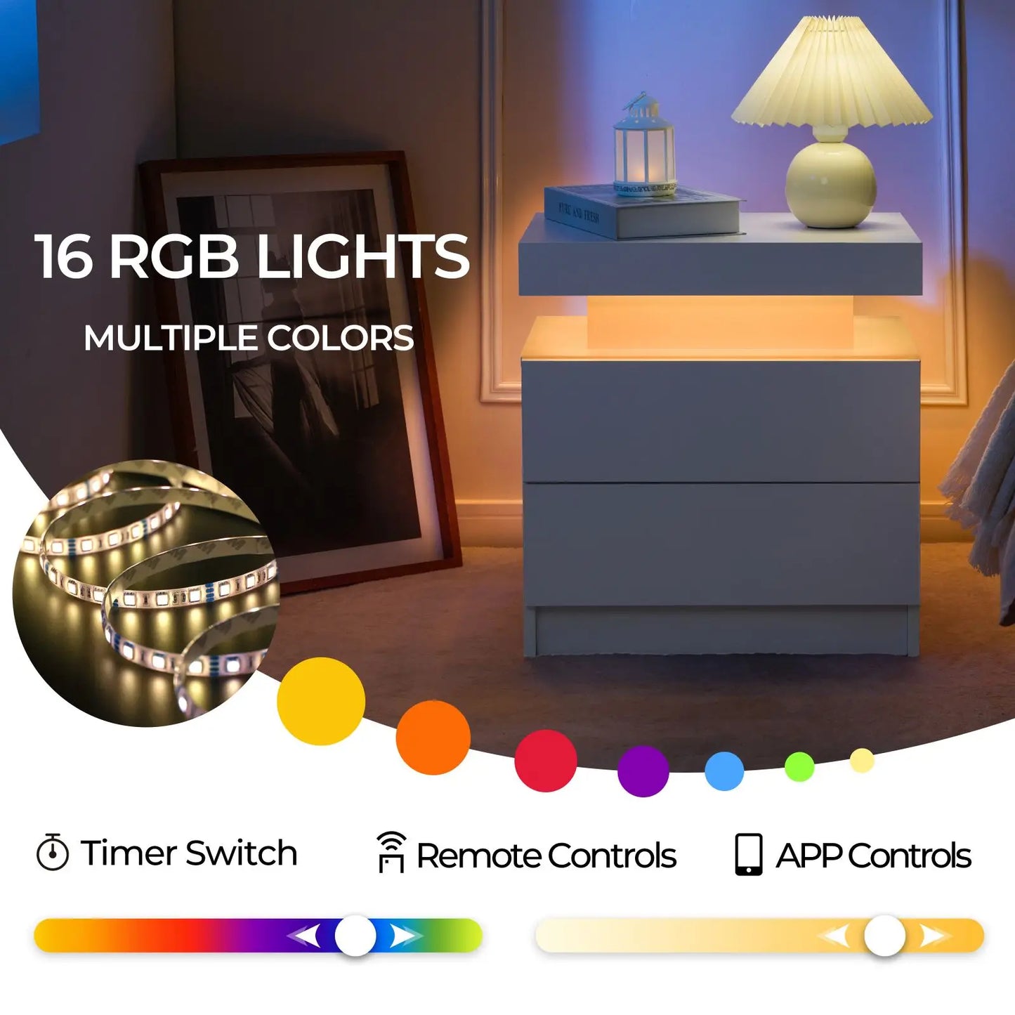 Cubehom LED Nightstands With Drawers Bedside Tables Set Of 2