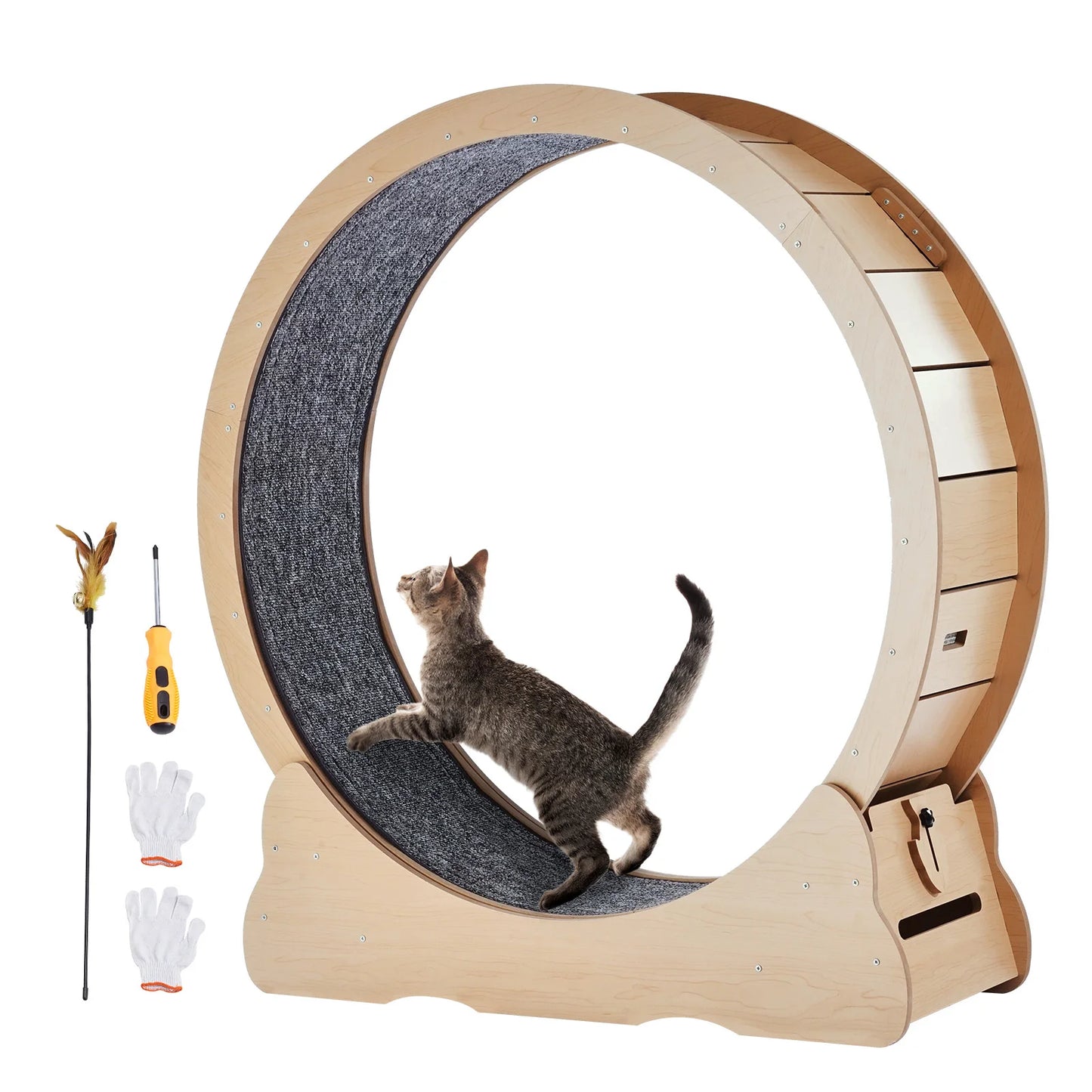 SucceBuy Wooden Cat Exercise Wheel For Indoor Cats Detachable Carpet