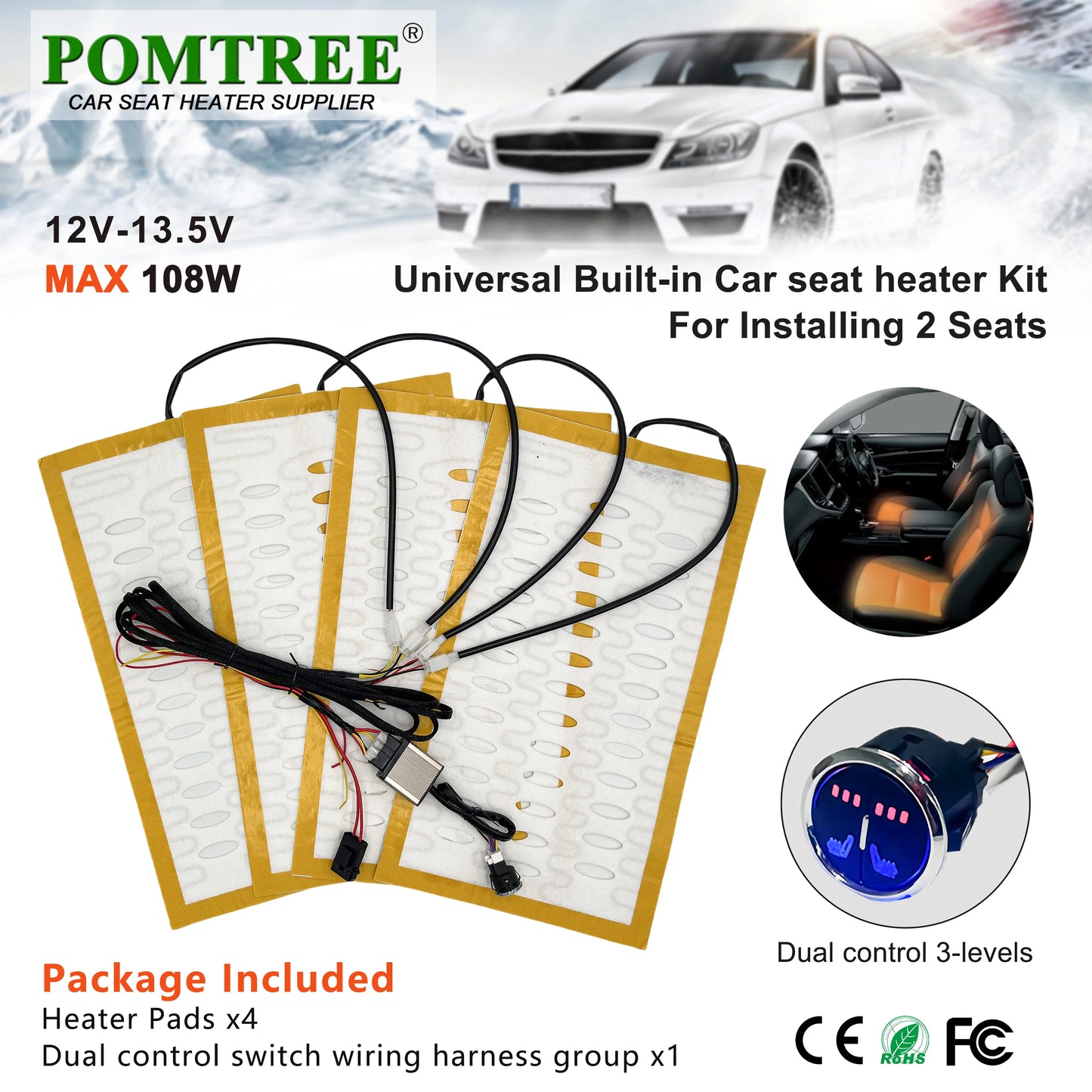 Universal Built-In Car Seat Heater For 2 Seats 12V 3-Level
