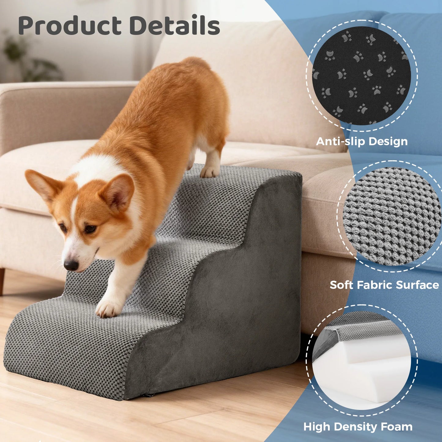 JHK 3-5 Step High-Density Foam Dog Stairs For Small Dogs