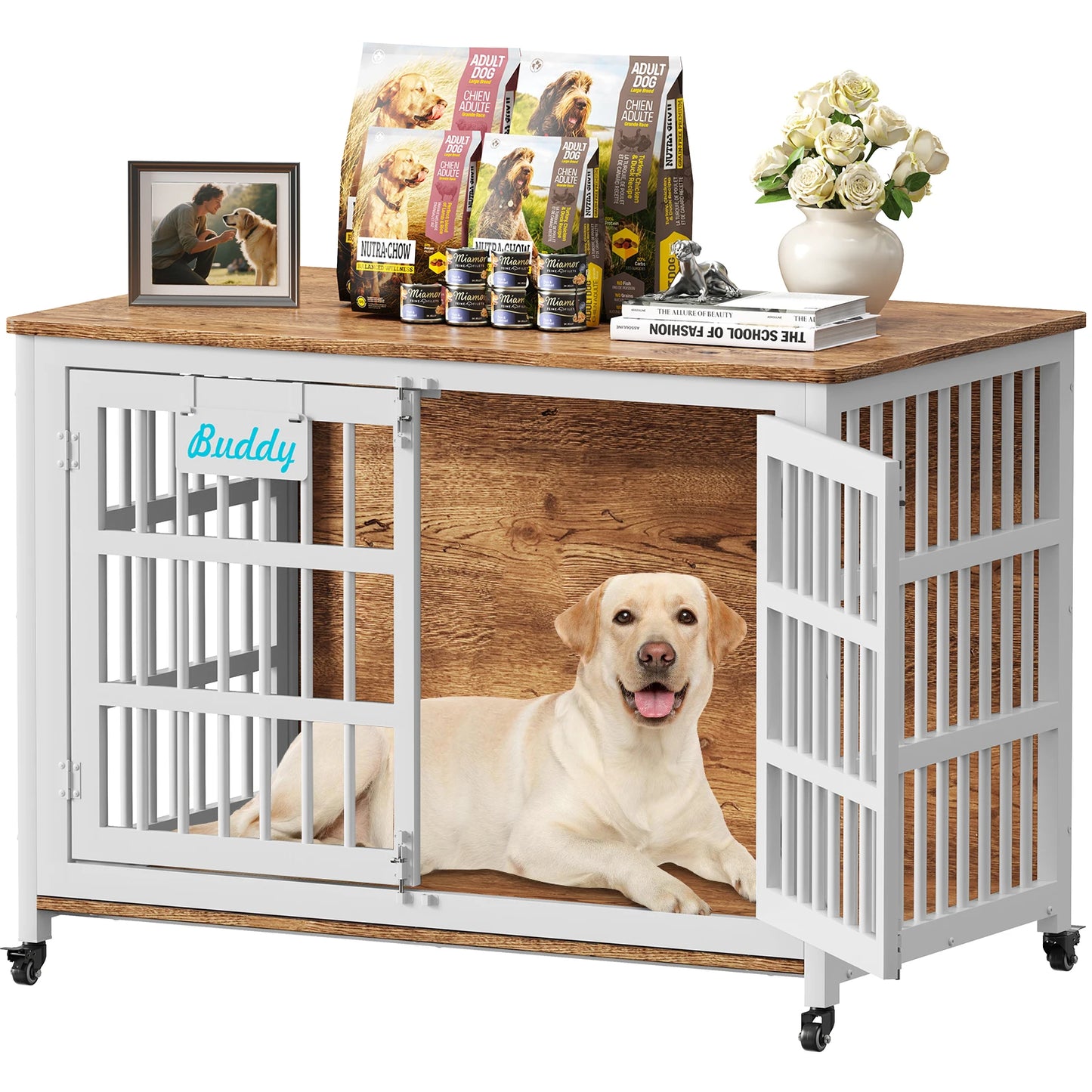 Dog Crate Furniture With Casters Indoor Kennel For Large Dogs