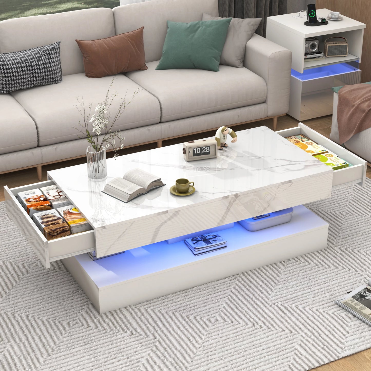 QiaoShiRen LED Coffee Table With Double Layer Storage Drawers