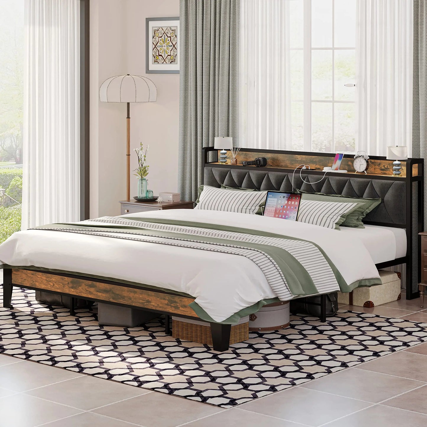 Storage Headboard Bed Frame With Outlets No Box Springs